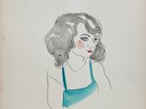 drawing of a woman in a blue dress with long hair