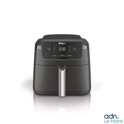 an image of a black and silver air fryer sitting on a white surface