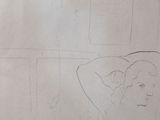 drawing of a woman sitting in a chair with a dog