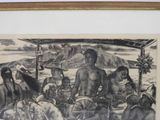 a black and white drawing of a group of people on a boat