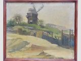 une peinture à l'huile représentant un moulin à vent sur une colline, avec une clôture