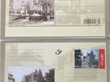 three postcards with pictures of a castle and a building on them