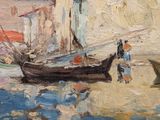 a painting of a boat on the water with people on it