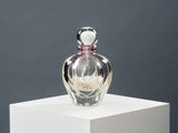une bouteille en verre contenant une fleur, posée sur un socle blanc