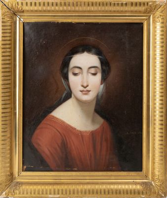 un tableau représentant une femme en robe rouge, les yeux fermés