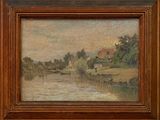 l'image d'une peinture représentant une rivière avec une maison à l'arrière-plan