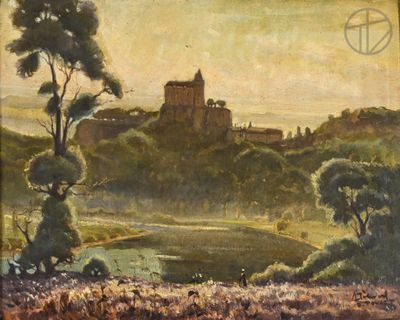 une vieille peinture représentant un château sur une colline, avec un lac au premier plan