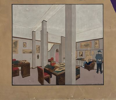 a painting of a man standing in a living room