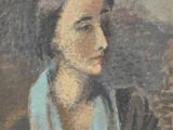 an old painting of a woman with a blue scarf