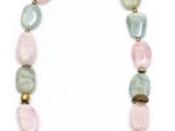 a close up of a necklace on a white background