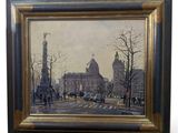 painting of a city street with a clock tower in the background