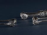 three silver spoons with flowers on them on a blue surface