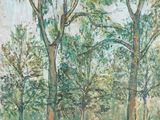 une peinture à l'huile représentant des arbres dans un parc, avec un banc au premier plan
