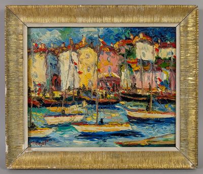 an oil painting of boats in a harbor with buildings in the background