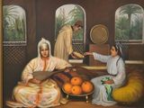 un tableau représentant deux femmes assises dans une pièce avec des oranges