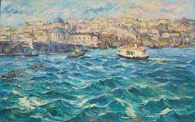 un tableau représentant un bateau au milieu de l'eau