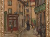 une peinture à l'huile représentant une scène de rue avec des personnes marchant dans la rue