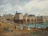 peinture d'une vue d'une ville avec un pont sur une rivière