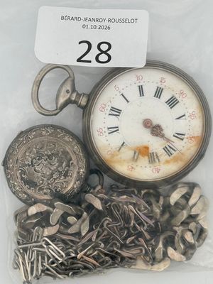 a pocket watch and a bunch of coins in a bag