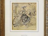 a painting of a woman riding a horse with a basket on her back
