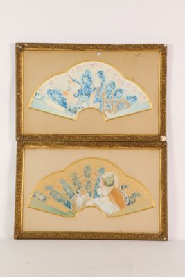 two framed paintings of a woman with a fan and a man with a dog