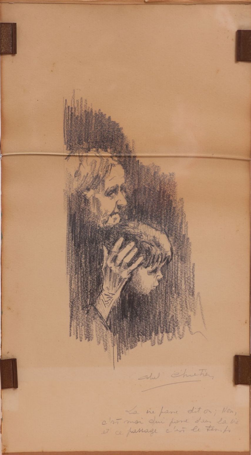 Abel CHRÉTIEN (1919-1972). Femme et enfants. Crayon sur papier, signé et annoté "La vie passe dit-on ; non, c'est moi...