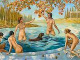 un tableau représentant un groupe de personnes nues dans une piscine