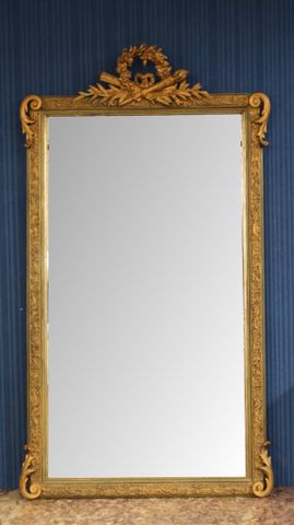 Miroir cadre bois et stuc doré, décor carquois et guirlande fleur...
