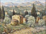 une peinture à l'huile représentant un village de montagne avec un chemin de terre
