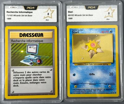 two pokemon cards with a picture of a computer and a laptop