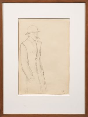 une image représentant le dessin d'un homme portant un chapeau et un manteau