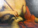 un tableau représentant un homme tenant un bâton et un chien