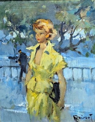 an oil painting of a woman in a yellow dress with a bird on her shoulder