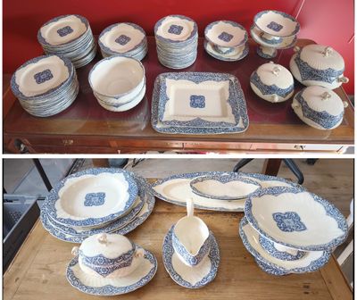 two pictures of a table with a lot of plates and bowls