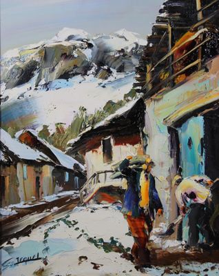 an oil painting of a man and a woman walking down a snow covered street