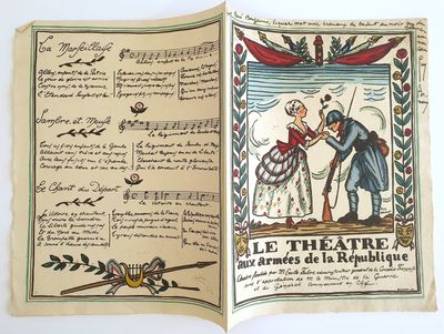 un livre ouvert sur lequel figure le dessin d'un homme et d'une femme dans un bateau