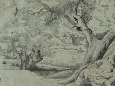 a drawing of a man and a woman sitting under a tree