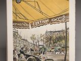 painting of a street scene with a horse drawn carriage in the foreground