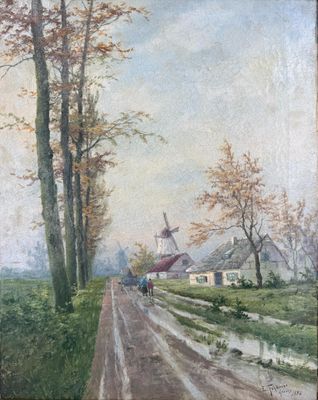 an image of a painting of a country road with a windmill in the distance