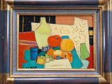 a painting of an orange and a bottle on a table
