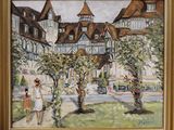 tableau représentant une femme marchant sur un chemin devant un bâtiment