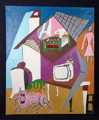 un tableau représentant une femme et un chien devant une maison