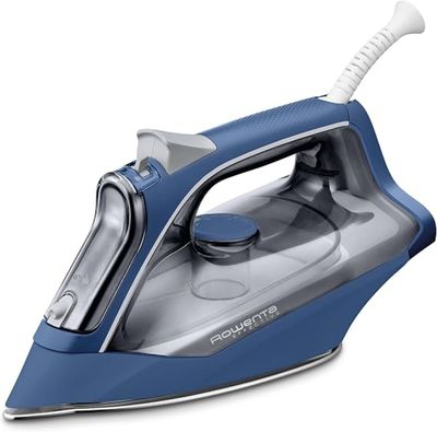 a blue and silver steam iron sitting on top of a white surface