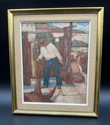an image of a painting of a man working on a boat