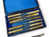 six knives in a box with a blue case