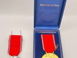 a silver medal with a red ribbon in a blue box