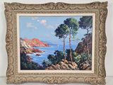 painting of a view of the ocean with a sailboat in the foreground