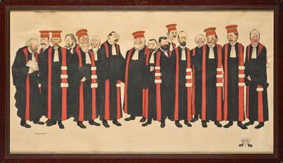 tableau représentant un groupe d'hommes vêtus de robes noires et rouges