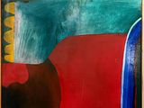 abstract painting of red, blue, yellow and green with a black cat