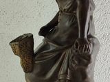 statue of a woman sitting on a stool with a basket of flowers